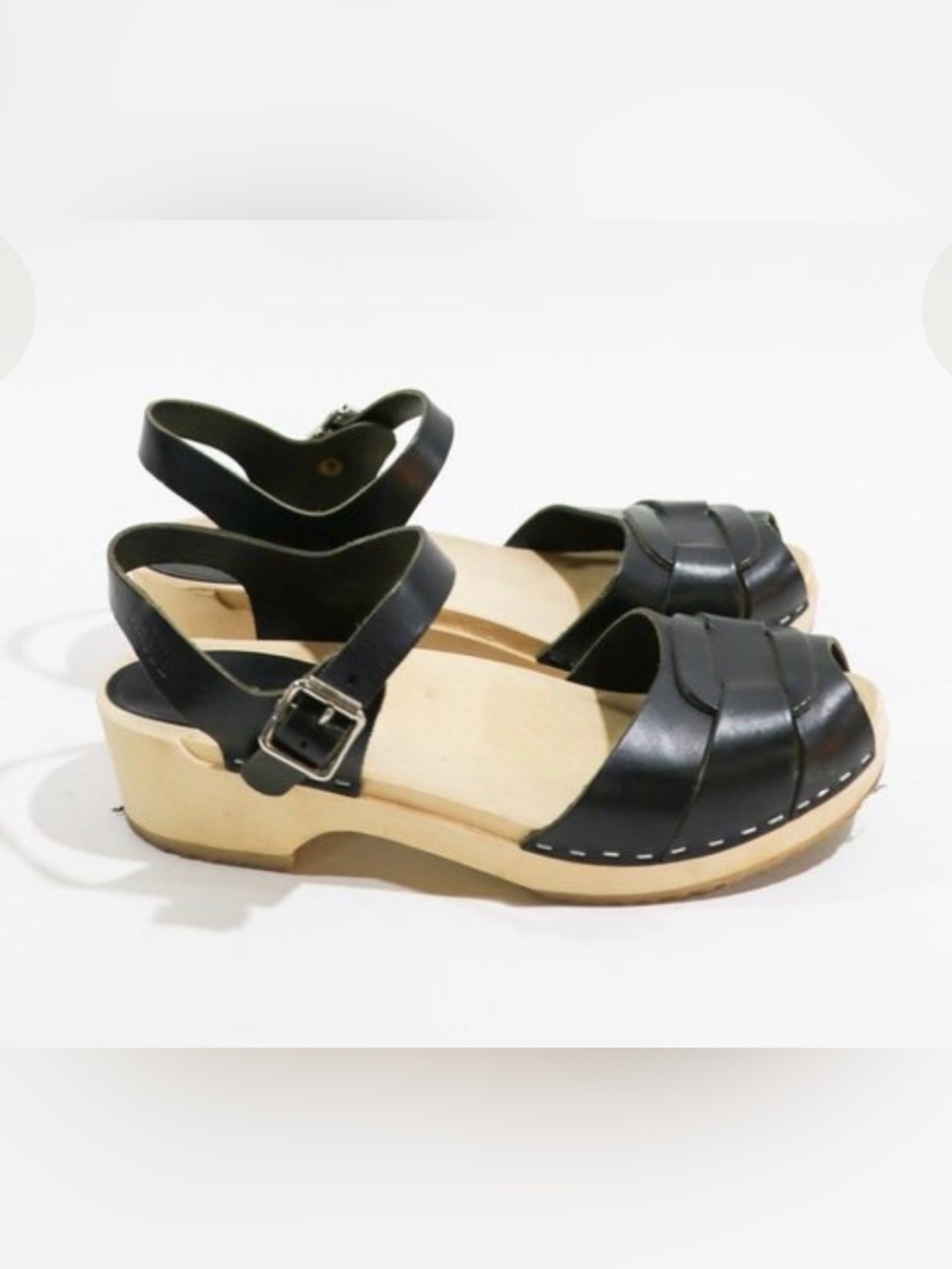 Swedish Hasbeens Black Peep Toe Low  Wooden Sandal